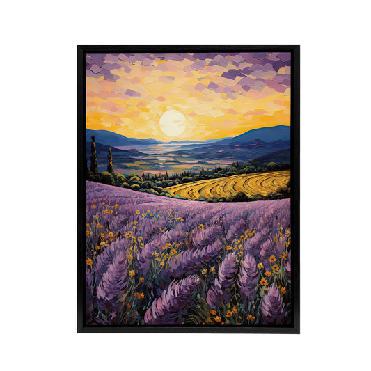 Lavender Fields At Sunrise Black Framed Canvas Wall Art Print