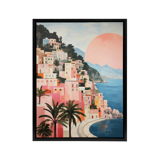 Amalfi Sunrise Italy Coastal Cityscape Black Framed Canvas Wall Art Print