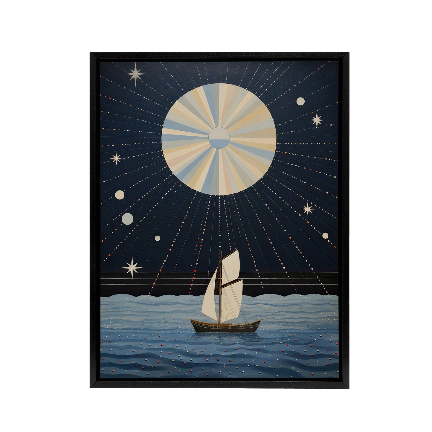 Boat Sailing Under Full Moon Black Framed Canvas Abstract Wall Art Print