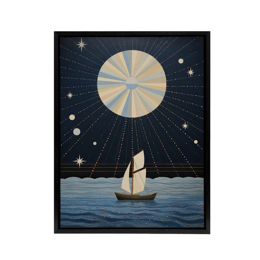 Boat Sailing Under Full Moon Black Framed Canvas Abstract Wall Art Print