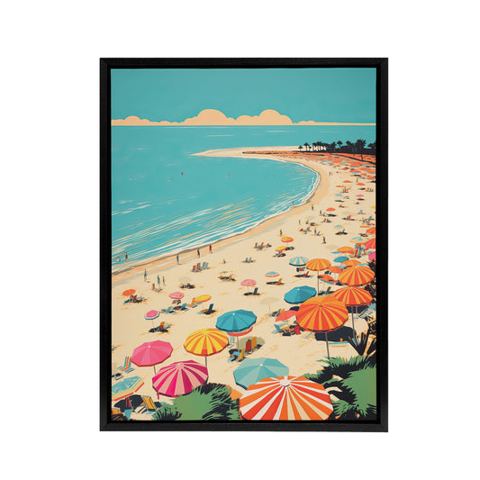 Sea Cove Busy Beach Coastal Landscape Black Framed Canvas Wall Art Print