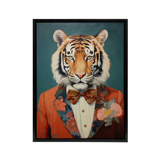 Tiger In A Tuxedo Animal Portrait Black Framed Canvas Wall Art Print