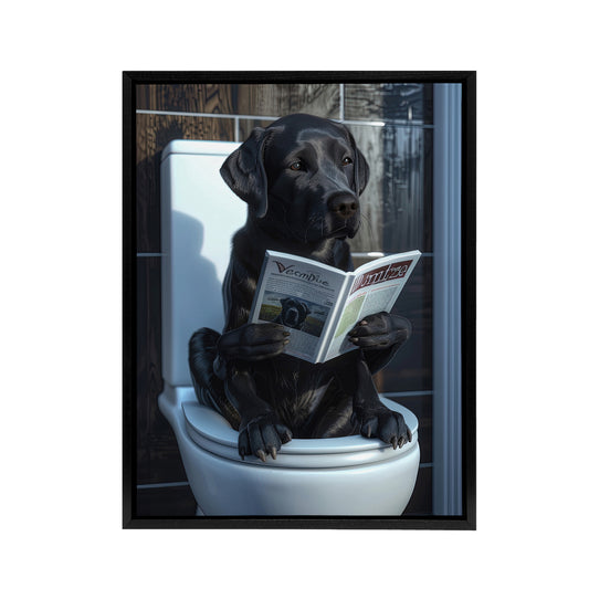 Labrador Dog Reading On Toilet Funny Black Framed Canvas Wall Art Print