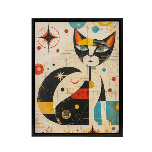 Abstract Mid Century Modern Atomic Cat Black Framed Canvas Wall Art Print