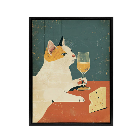 Cat Drinking Wine With Cheese Black Framed Canvas Wall Art Print