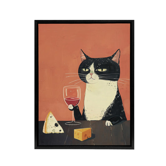 Tuxedo Cat Drinking Wine With Cheese Black Framed Canvas Wall Art Print