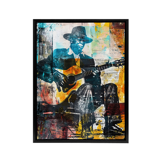 Blues Music Guitar Player Upcycle Black Framed Canvas Wall Art Print