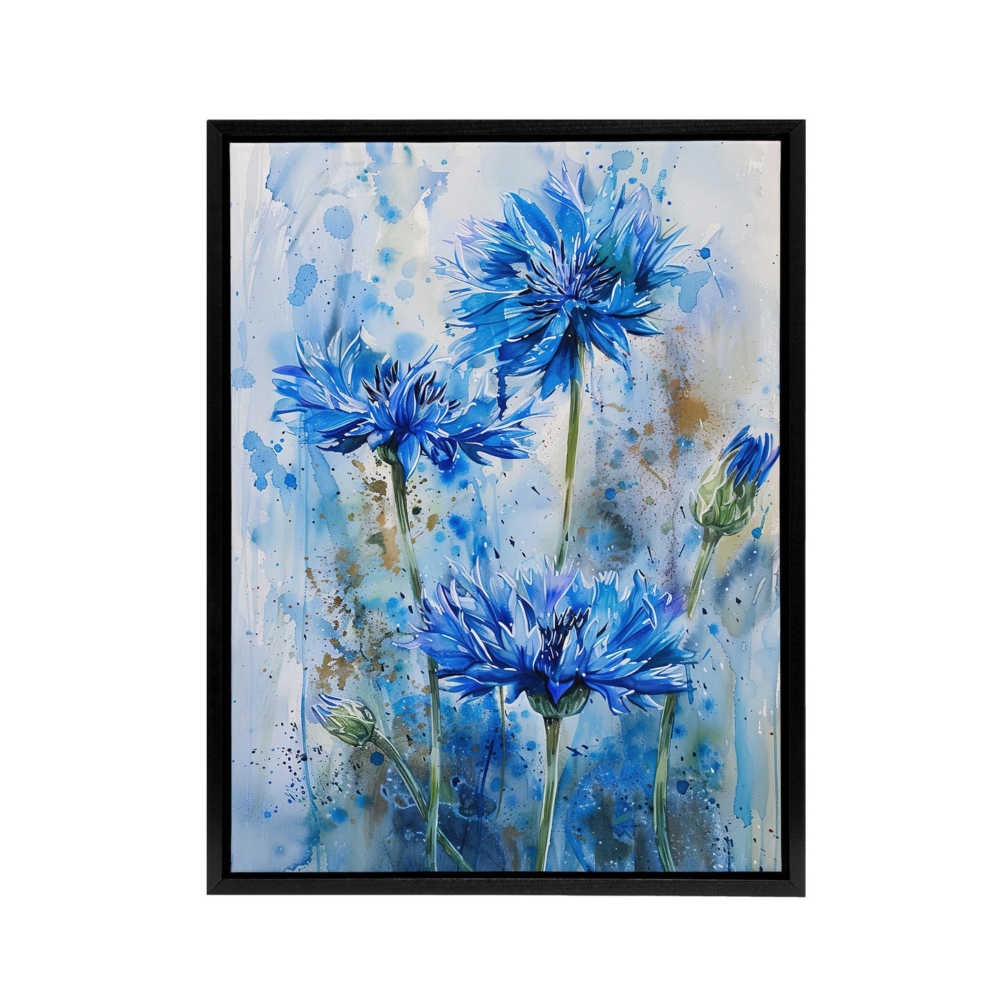 Cornflowers Flower Watercolour Black Framed Canvas Wall Art Print