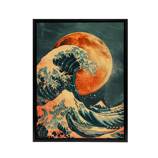 Full Moon Japanese Great Wave Black Framed Canvas Wall Art Print