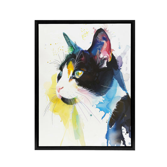 Tuxedo Cat Lover Bright Watercolour Black Framed Canvas Wall Art Print