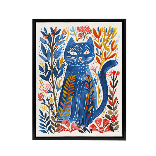 Russian Blue Cat Lover Folk Art Black Framed Canvas Wall Art Print
