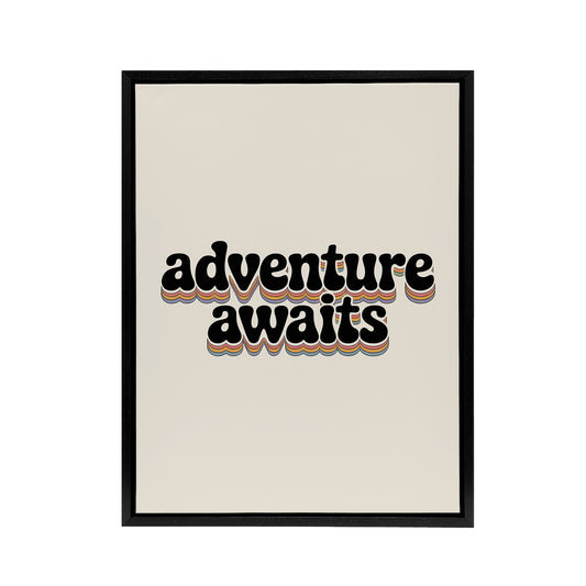 Adventure Awaits Retro Rainbow Font Typography Framed Canvas Art Print