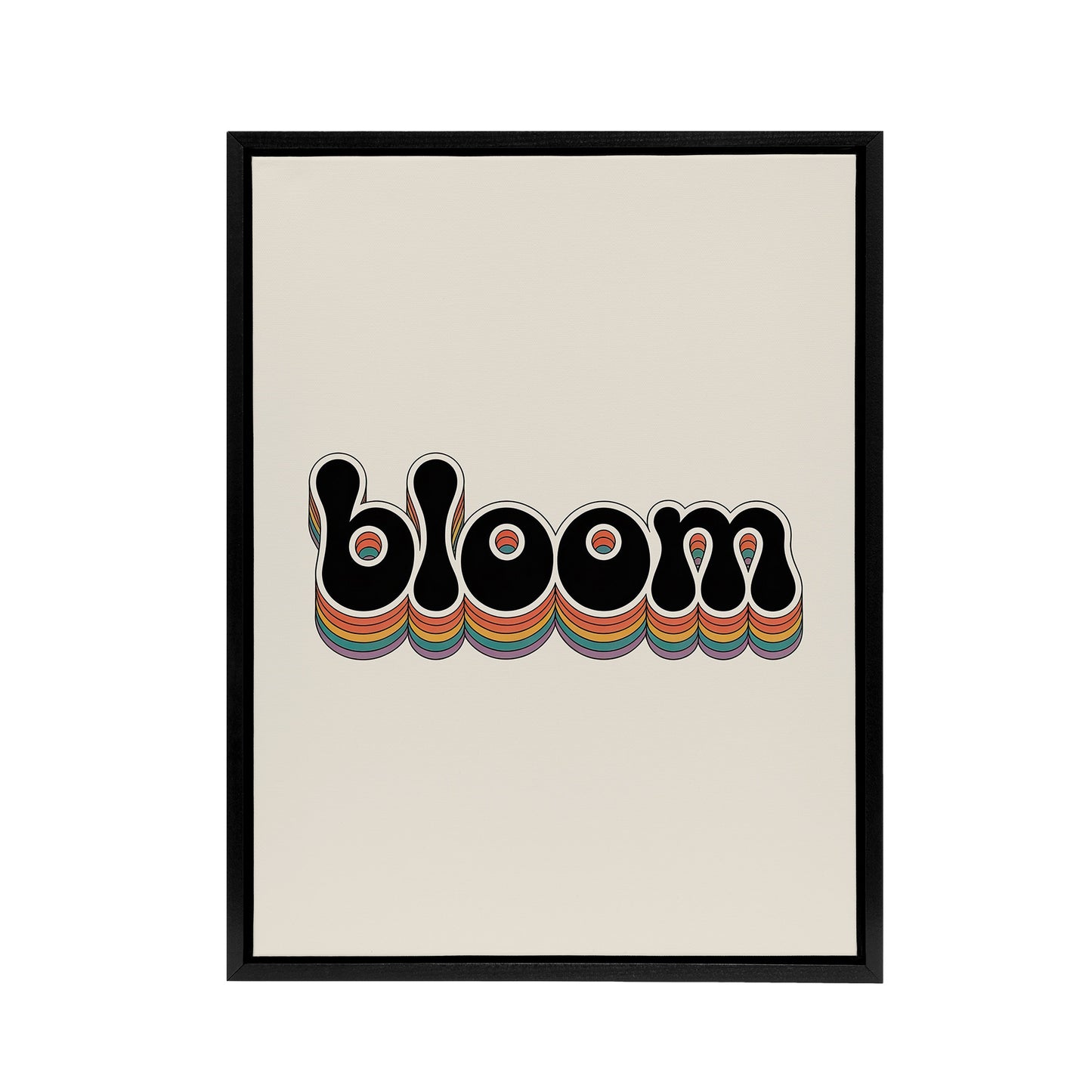 Bloom Vibrant Retro Rainbow Font Typography Black Framed Canvas Art Print
