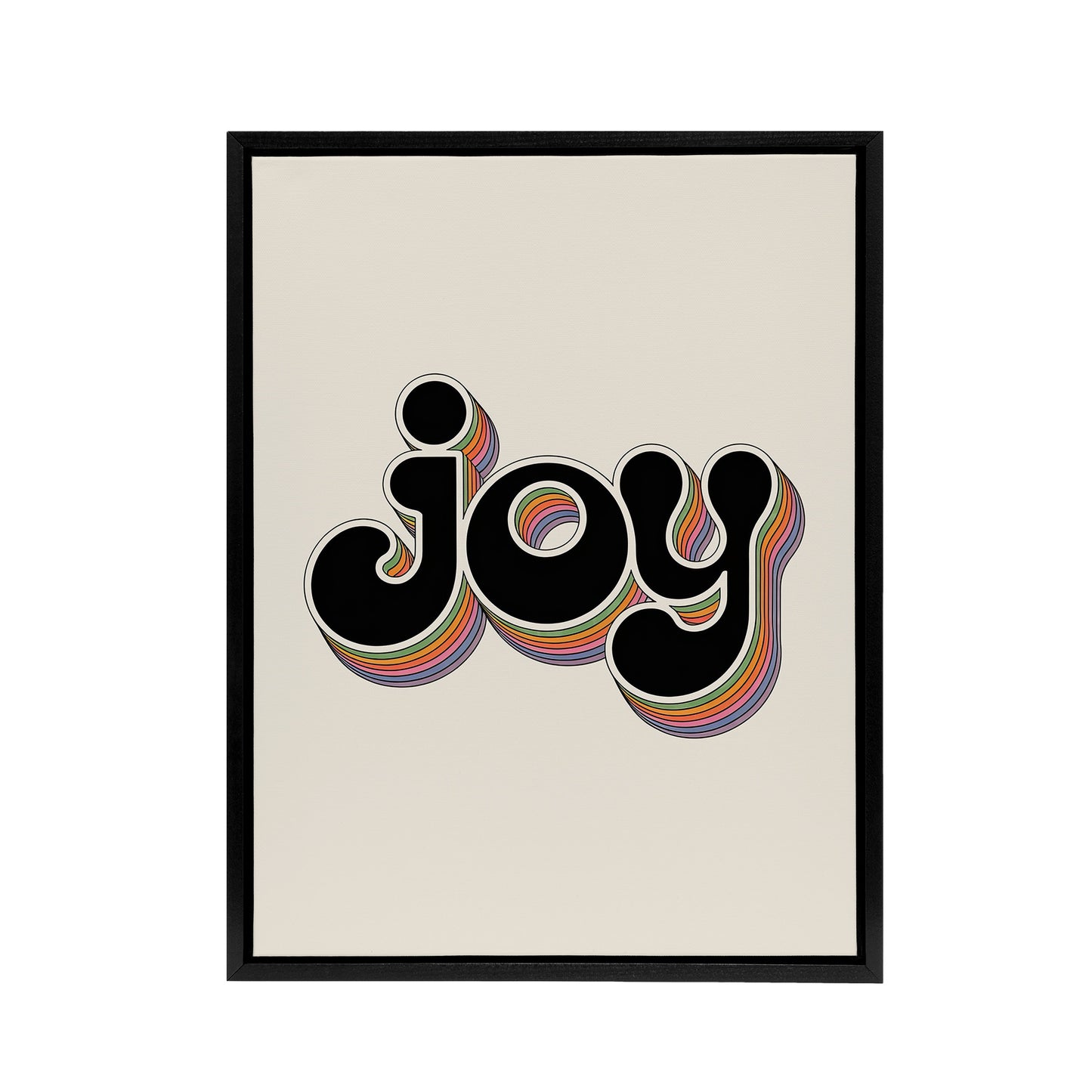 Joy Colourful Retro Rainbow Font Typography Black Framed Canvas Art Print