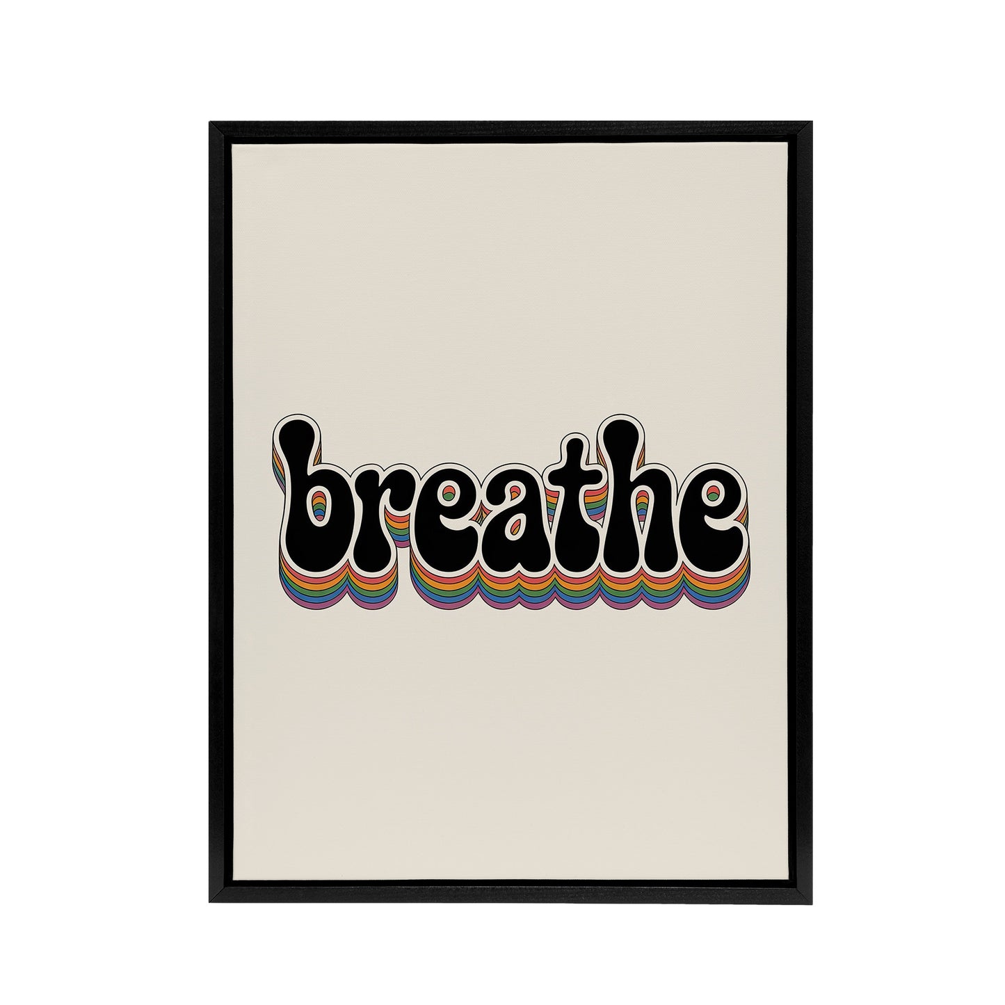 Breathe Funky Retro Rainbow Typography Black Framed Canvas Wall Art Print