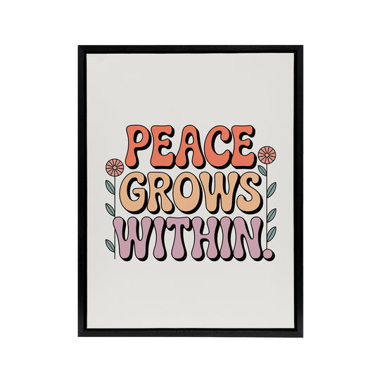 Peace Grows Within Pastel Retro Floral Typography Framed Canvas Art Print