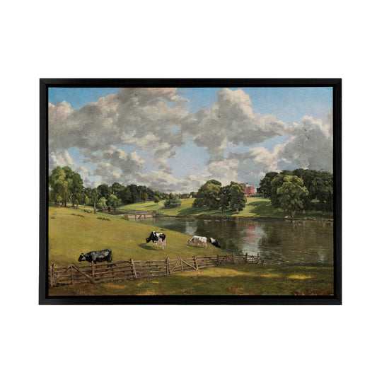 Cows In Field Painting Black Framed Canvas Wall Art Print