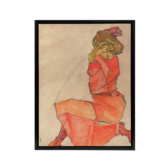 Egon Schiele Kneeling Female In Dress Black Framed Canvas Wall Art Print