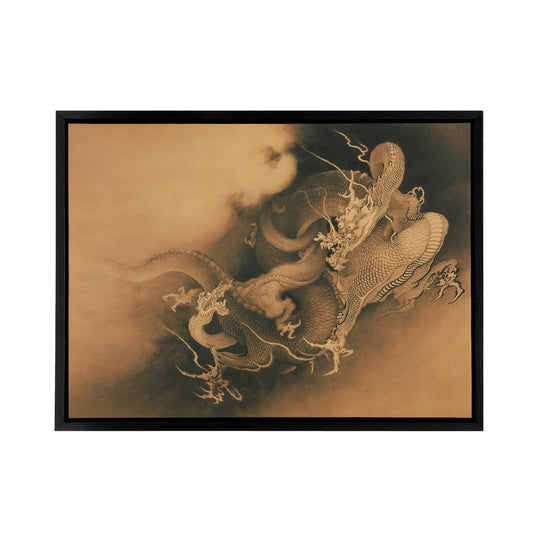 Kano Hogai Japanese Dragons In Clouds Black Framed Canvas Wall Art Print