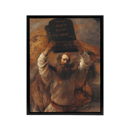 Rembrandt Moses With The Ten Commandments Black Framed Canvas Art Print