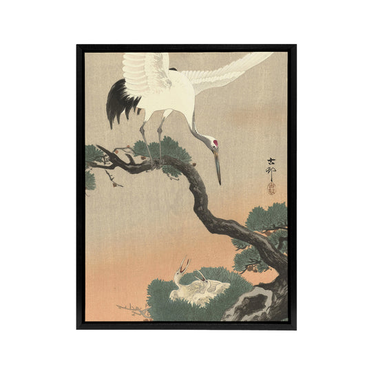 Ohara Koson Crane On Pine Branch Black Framed Canvas Japanese Art Print