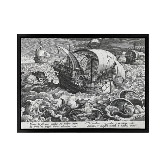 Collaert Sea Monsters Around A Ship Black Framed Canvas Wall Art Print