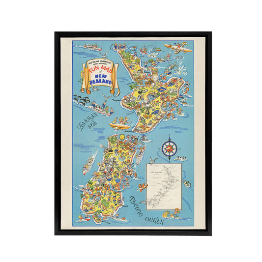 1938 Fun Pictorial Map Of New Zealand Black Framed Canvas Wall Art Print