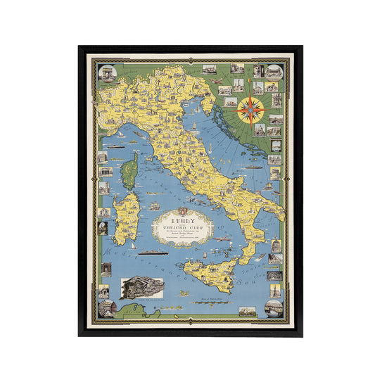 Ernest D Chase Italy Map With Vatican City Black Framed Canvas Art Print