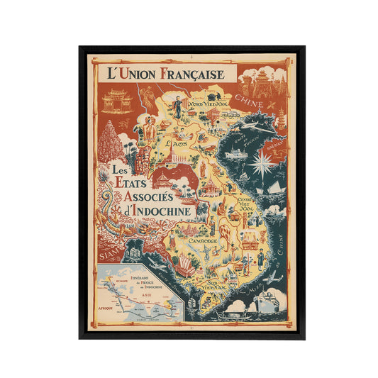 1948 Map Associated States of Indochina Black Framed Canvas Wall Art Print
