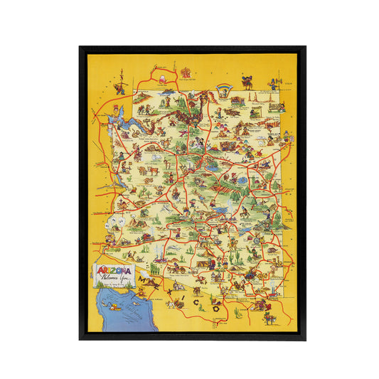 Map Avey 1942 Arizona Welcomes You Black Framed Canvas Wall Art Print