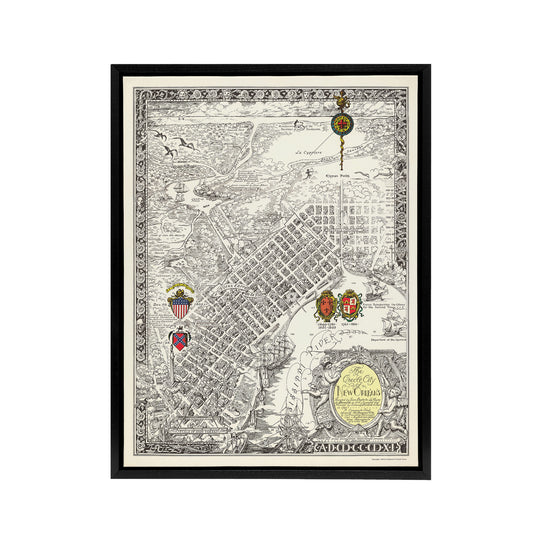 Map Curtis 1930 Creole City New Orleans Black Framed Canvas Wall Art Print