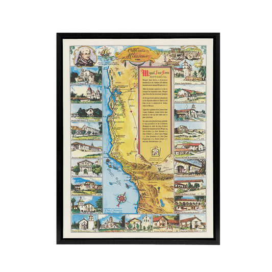 Putnam 1949 California Missions Map Black Framed Canvas Wall Art Print