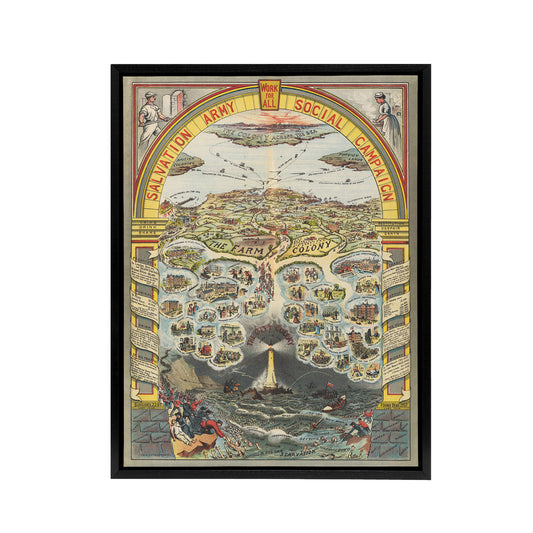 Map Salvation Army 1910 Work For All Black Framed Canvas Wall Art Print