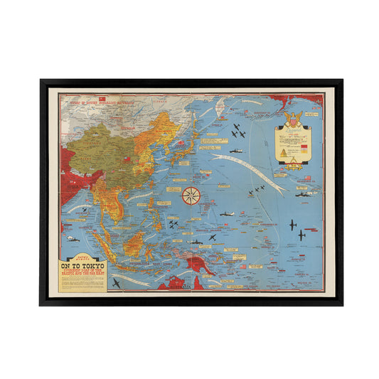 Invasion Map 1944 War WWII On To Tokyo Black Framed Canvas Wall Art Print
