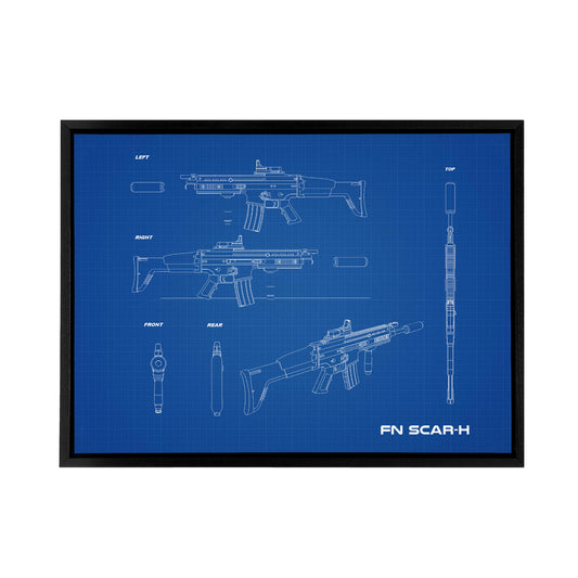 FN SCAR H Assault Rifle Blueprint Black Framed Canvas Wall Art Print