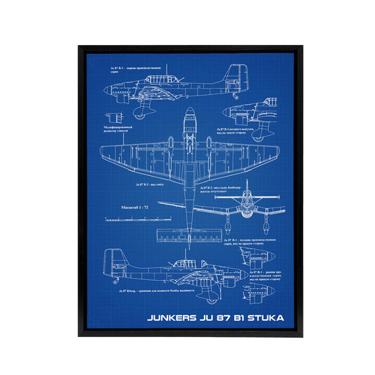 Junkers Ju 87 B1 Stuka Aircraft Blueprint Black Framed Canvas Art Print