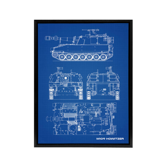 M109 Howitzer Artillery US Military Blueprint Black Framed Canvas Art