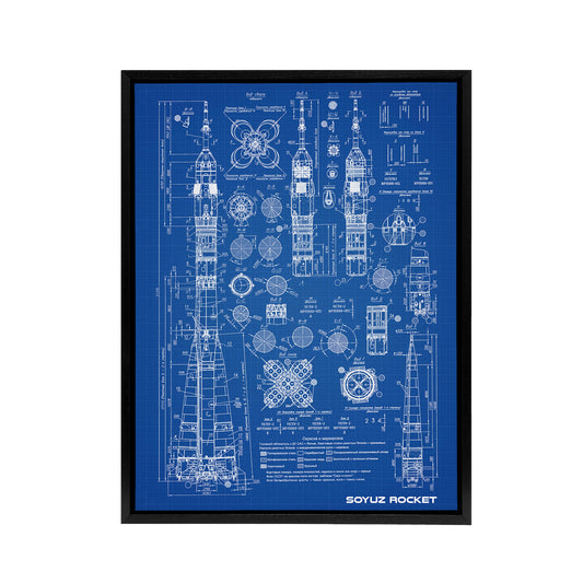 Soyuz Rocket USSR Soviet Space Blueprint Black Framed Canvas Art Print