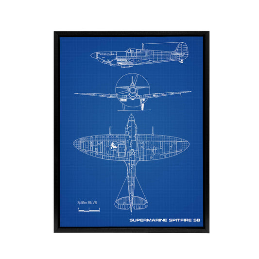 Supermarine Spitfire 5b Blueprint Black Framed Canvas Wall Art Print