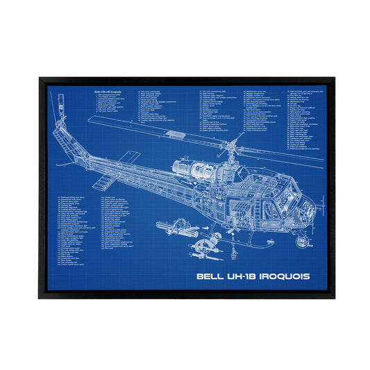 Bell UH 1b Iroquois USA Helicopter Blueprint Black Framed Canvas Wall Art