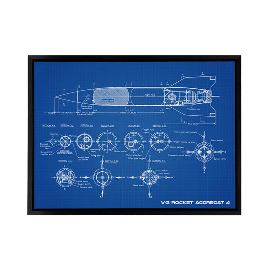 V 2 Rocket Aggregat 4 Ballistic Missile Blueprint Black Framed Canvas Art
