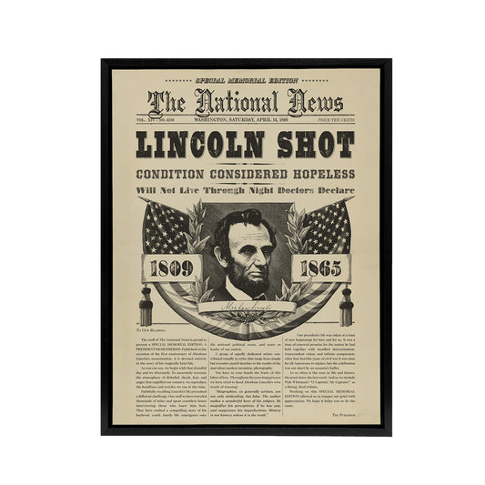 Abraham Lincoln Shot Newspaper Front Page Black Framed Canvas Art Print