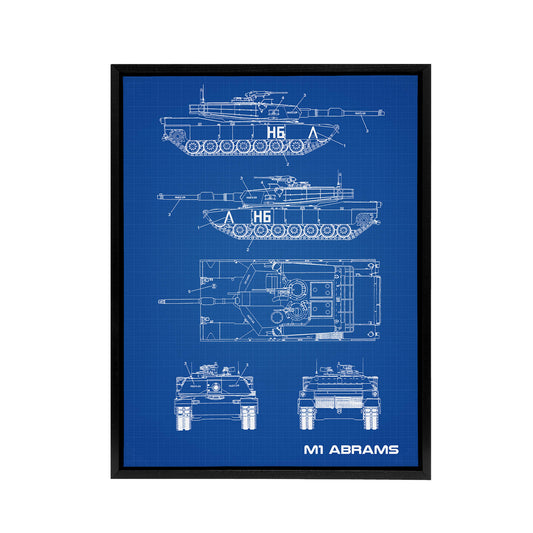 M1 Abrams US Main Battle Tank Blueprint Black Framed Canvas Wall Art Print