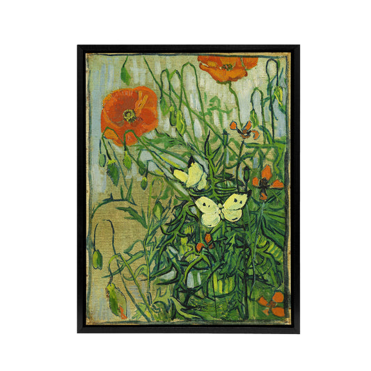Vincent Van Gogh Butterflies And Poppies Black Framed Canvas Art Print