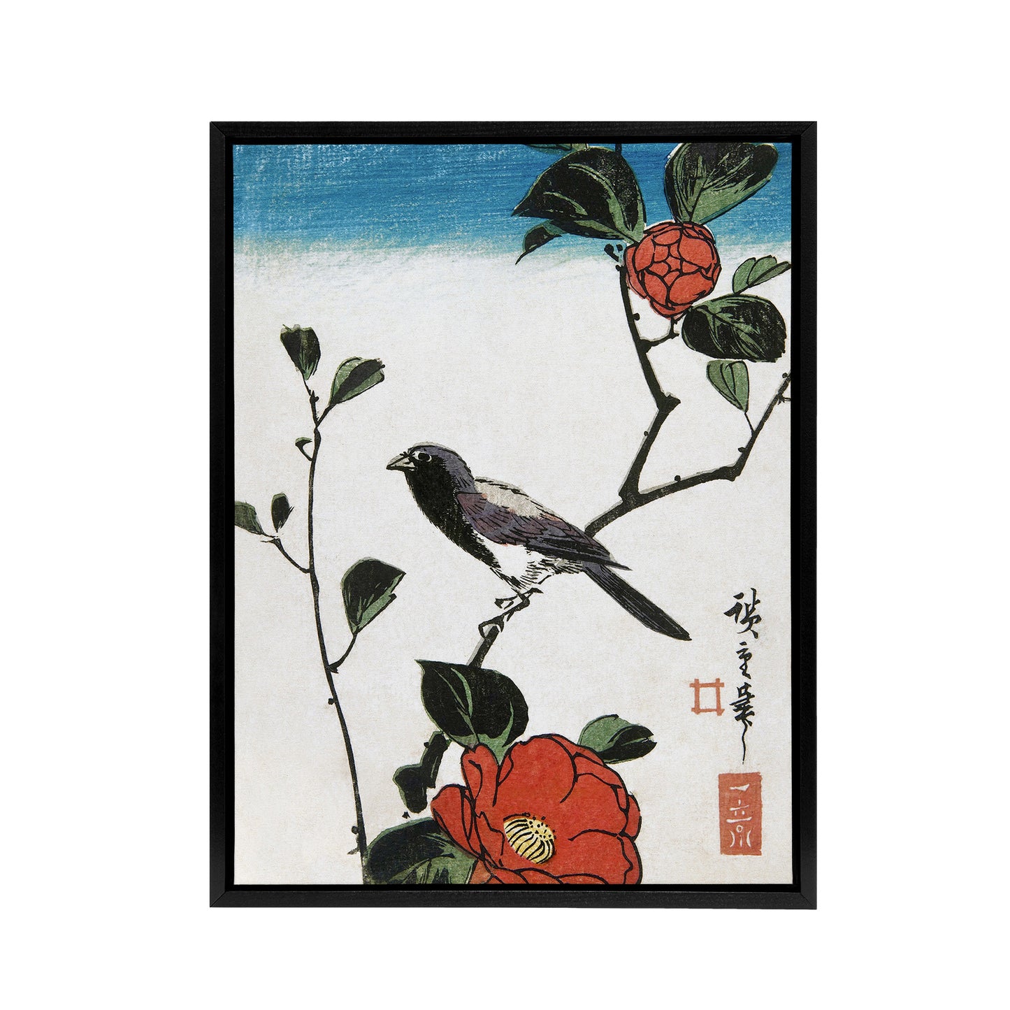 Japanese Bird On Camellia Branch Framed Canvas Wall Art Print Hiroshige