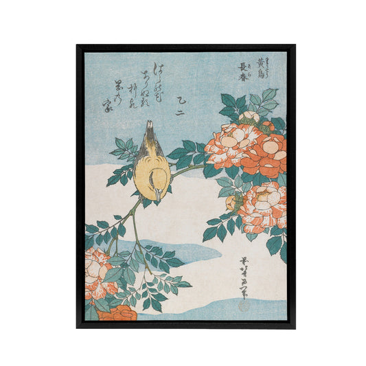Bush Warbler And Roses Framed Canvas Wall Art Print Katsushika Hokusai