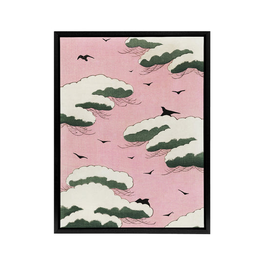 Pink Sky With Clouds and Birds Framed Canvas Wall Art Print Bijutsukai