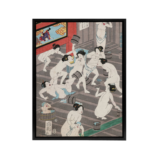 Fight In Women's Public Bath Framed Canvas Wall Art Print Kunichika