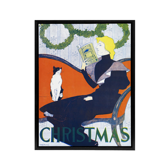 Vintage Christmas Woman With Cat Framed Canvas Wall Art Print E Penfield