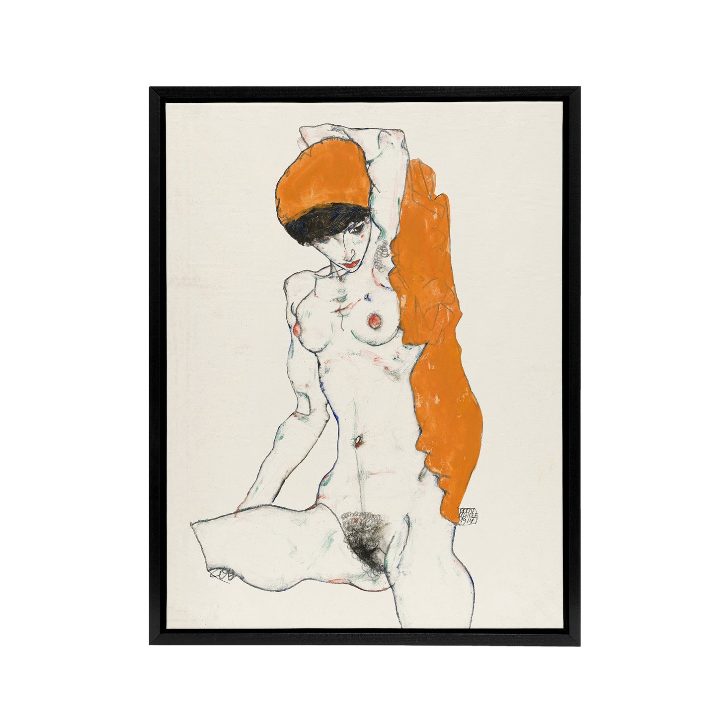 Standing Nude with Orange Drapery Framed Canvas Wall Art Print Schiele